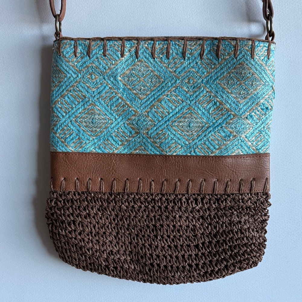 Elegant Teal and Brown Crossbody Bag